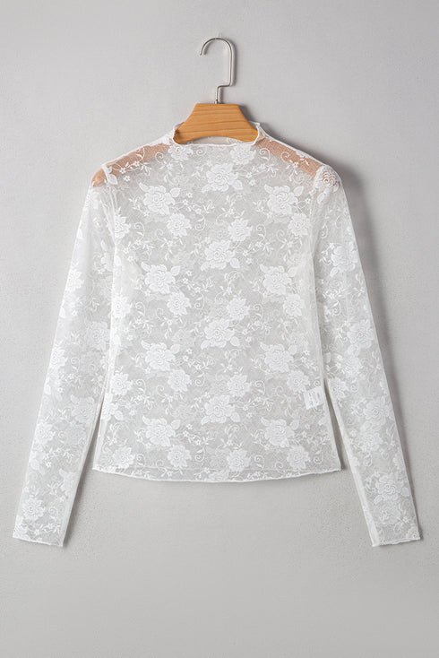 Sheer Floral Lace Mesh Mock Neck Elegant Long Sleeve Fitted Top